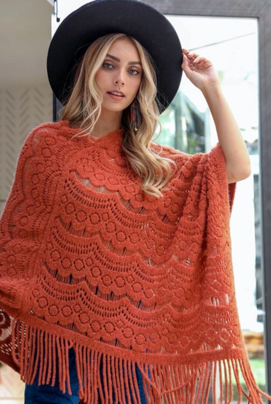Scallop Lace Knit Poncho – Rust
